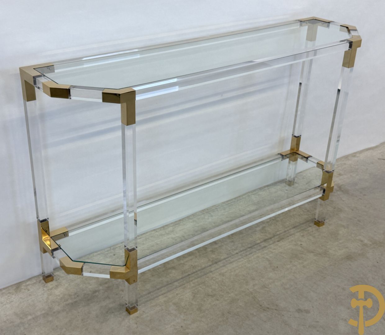 Twee plexi wandtafels met koperen ornamenten, jaren 