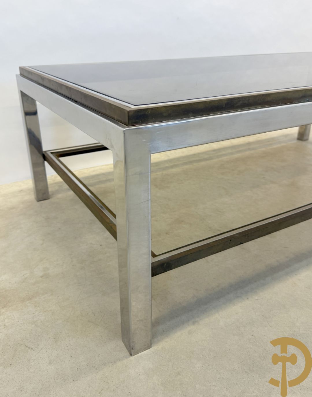 Salontafel met fumé glazen blad, koper en chromé, Belgochrome