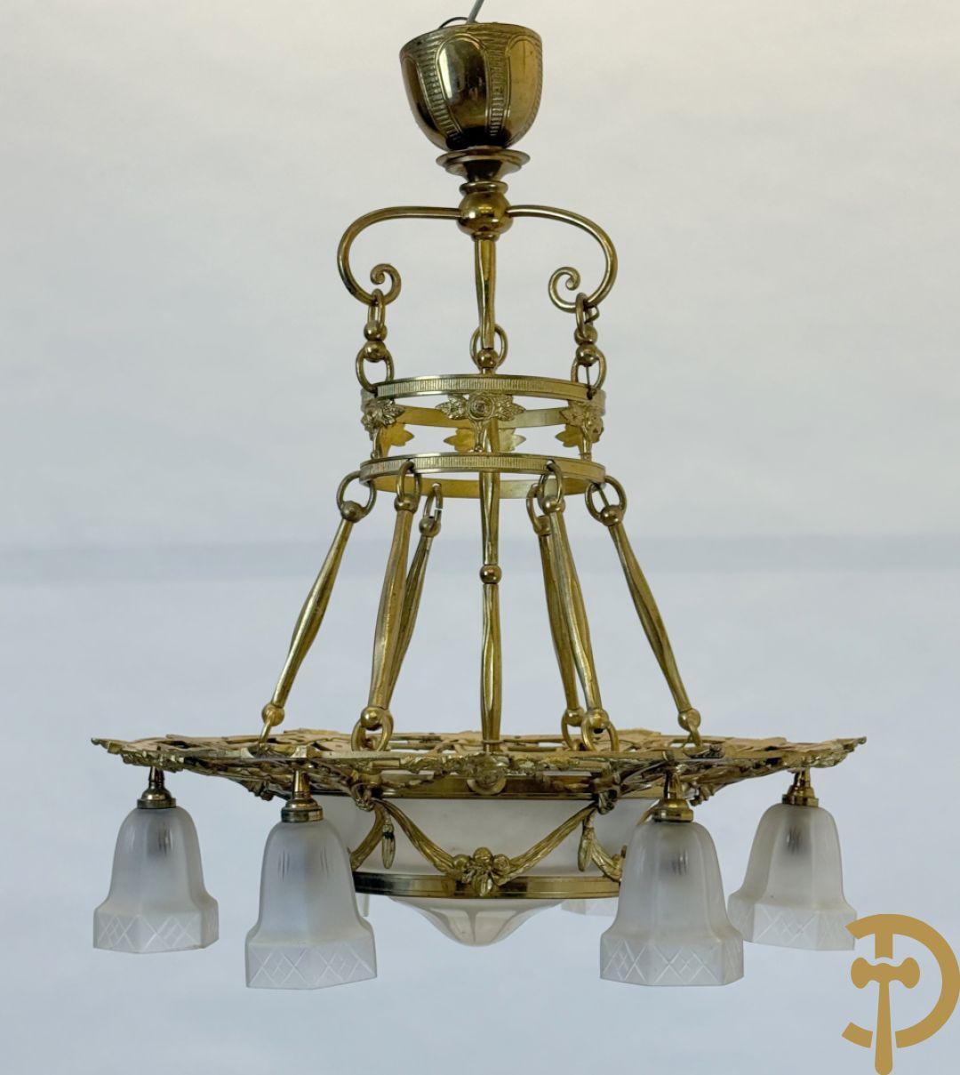 Bronzen zesarmige Art Deco luchter met centrale coupe