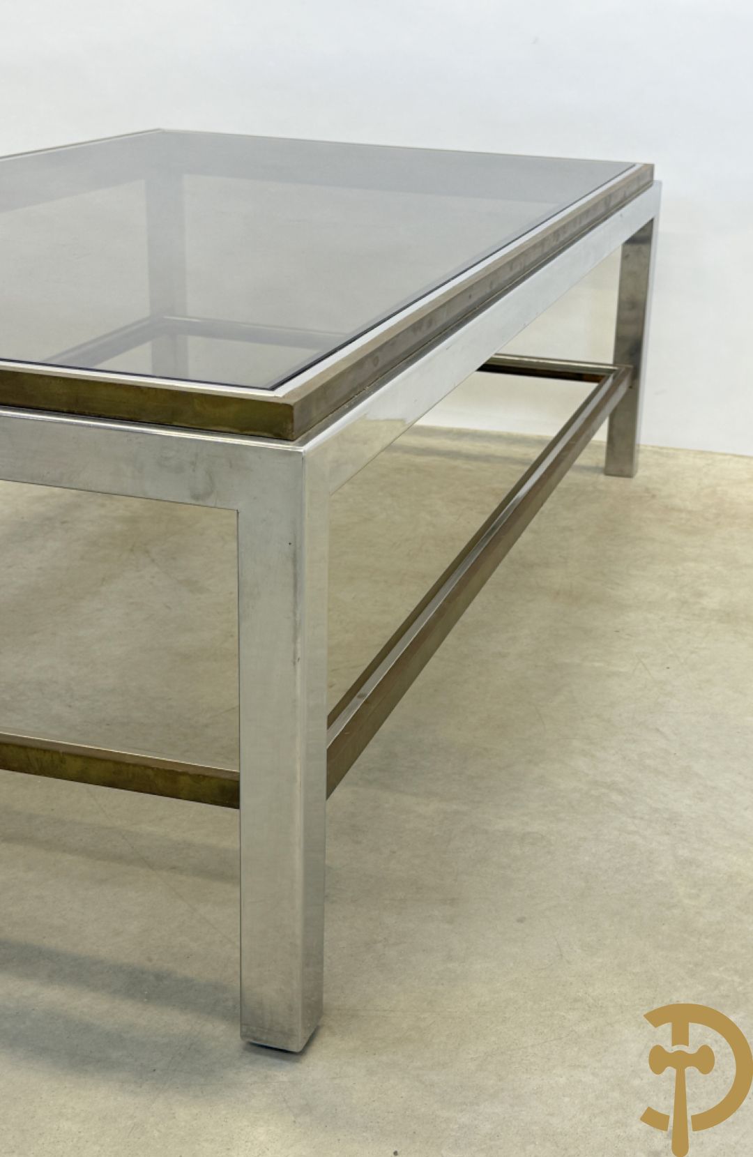 Salontafel met fumé glazen blad, koper en chromé, Belgochrome