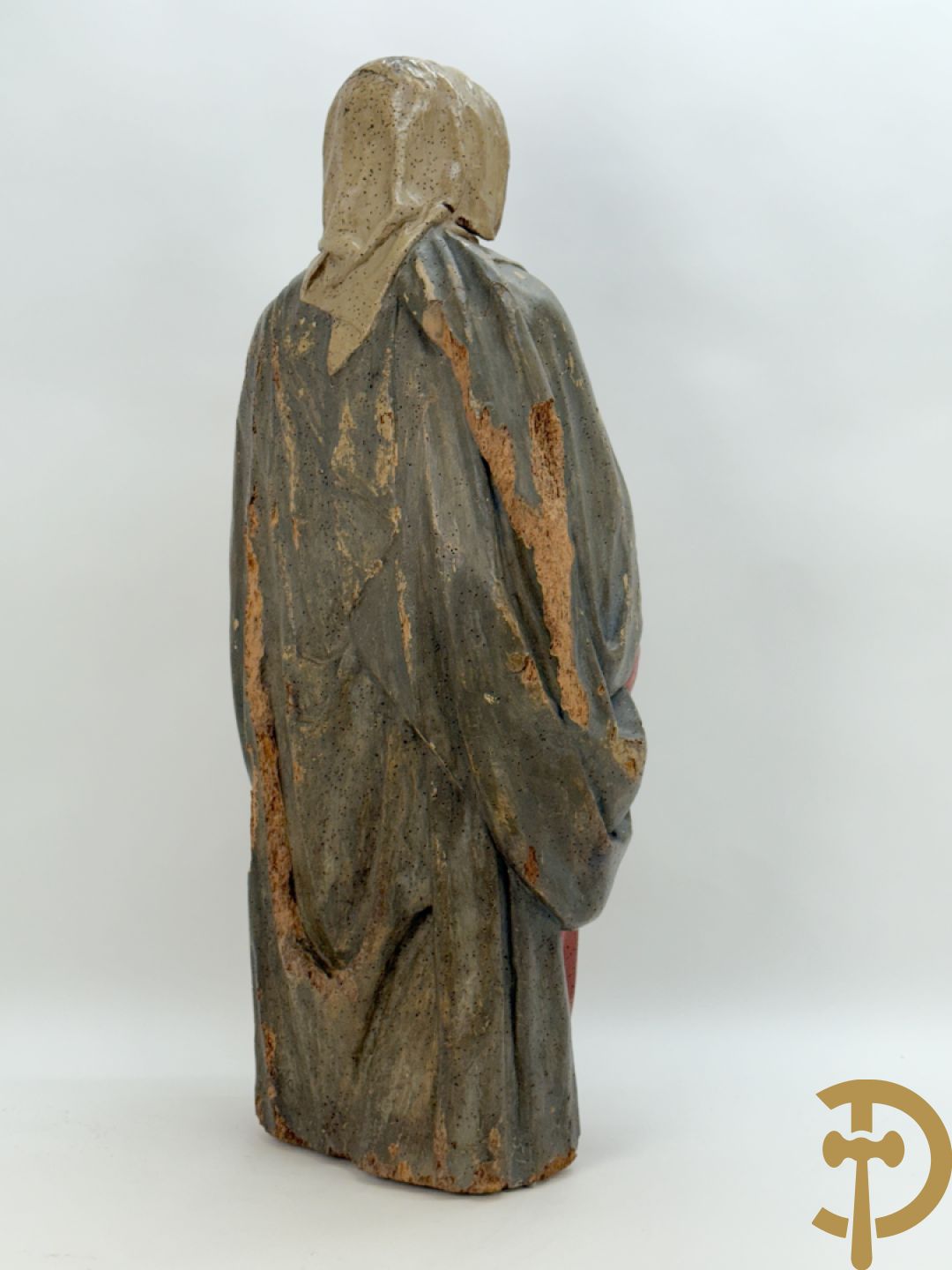 Gepolychromeerde houtsculptuur Madonna met rode jurk en kind, 18e