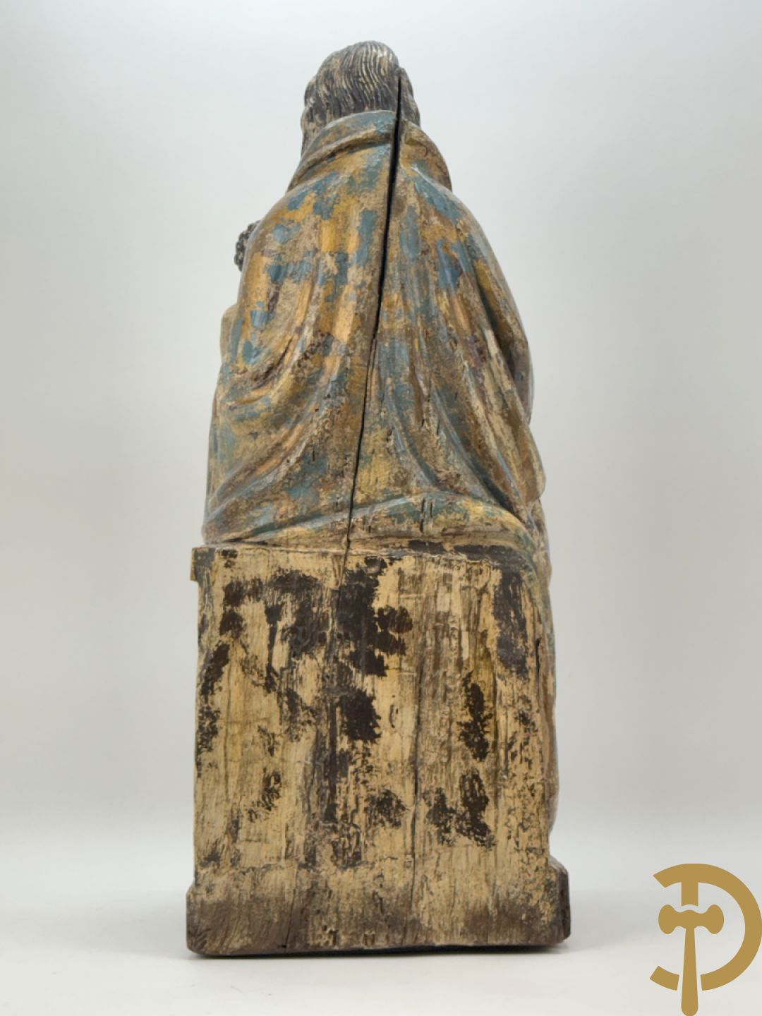 Houtsculptuur gepolychromeerde zittende Madonna met kind op de schoot, Zuid Europees