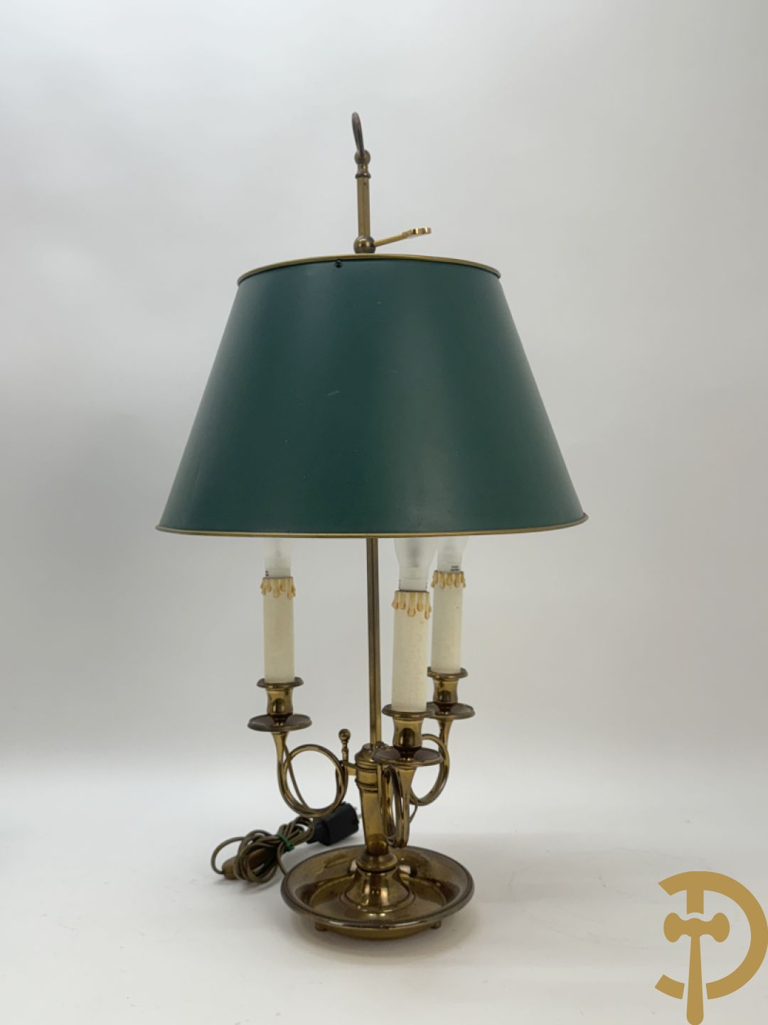 Twee koperen lampes bouillotte, 1 met bovenverlichting en 1 met kaarsenverlichting