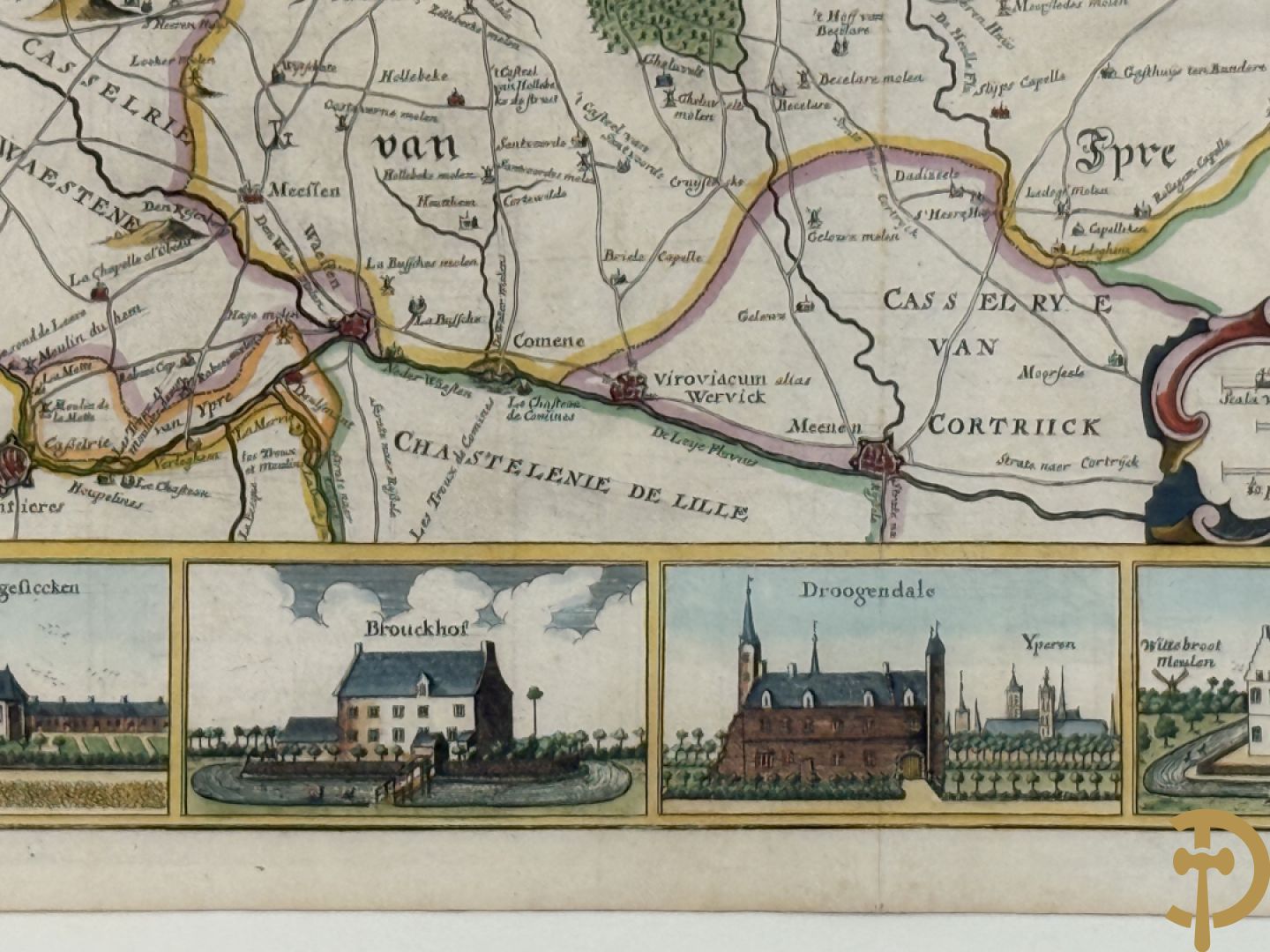 Oude kaart Sanderus met inzet van zicht op stad Ieper en kastelen rond de stad Ieper, 1641