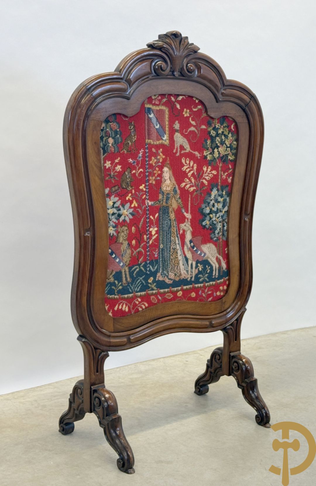 Haardscherm in mahonie met tapisserie