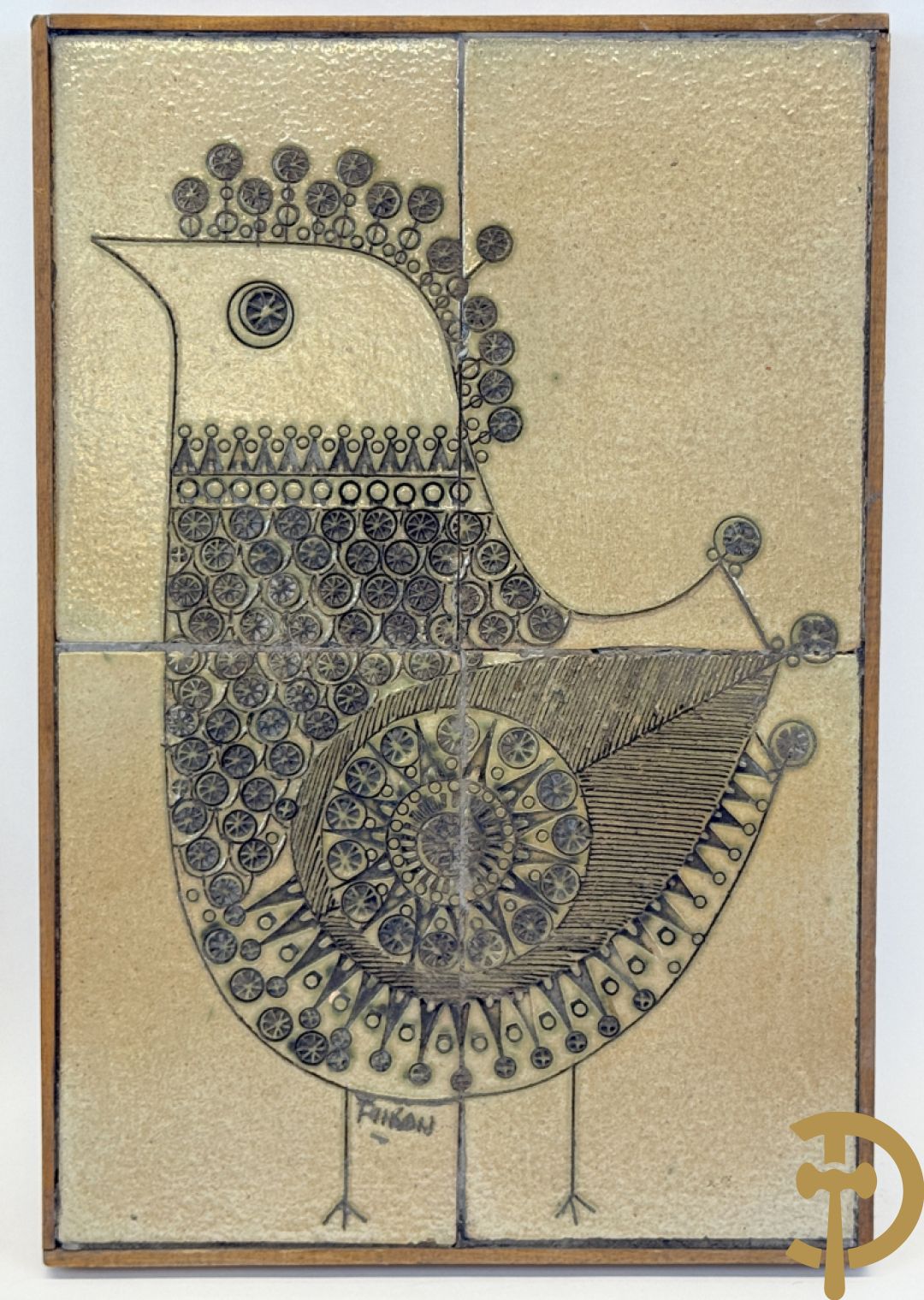 PINSON getekend (Charles-Emile) Paar vintage keramieken tabletten met surrealistisch gestyleerd vogeldecor