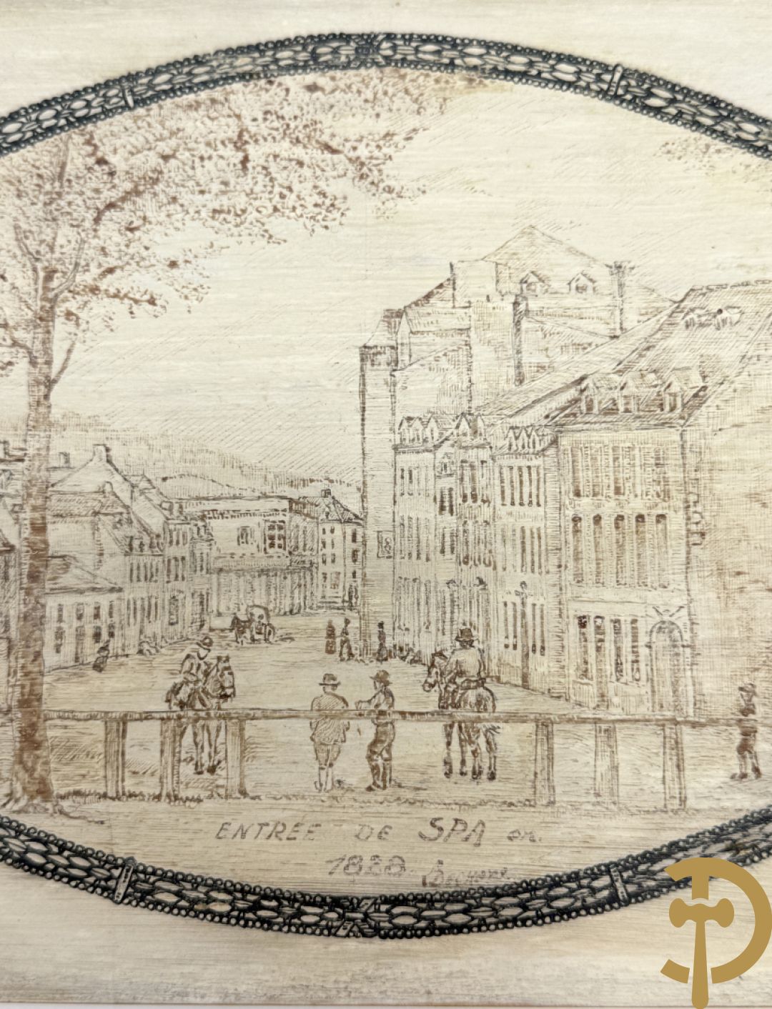 Handbeschilderde tekening op doos omringd met wapenschilden 