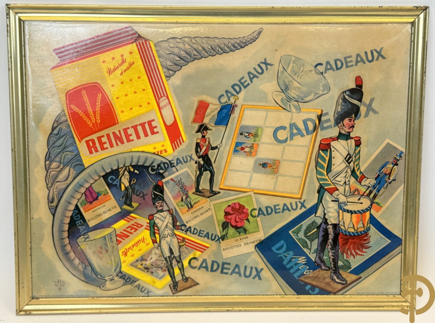 Lot kartonnen publiciteitsmateriaal o.a. Zan door Bernard Carant/Paris, G.ve Tessier Fils door Max Sidaine en Biscottes Reinette