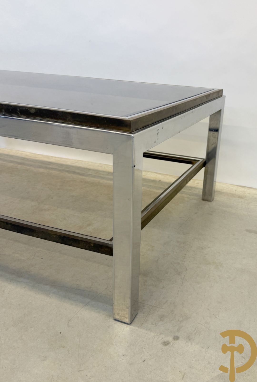 Salontafel met fumé glazen blad, koper en chromé, Belgochrome