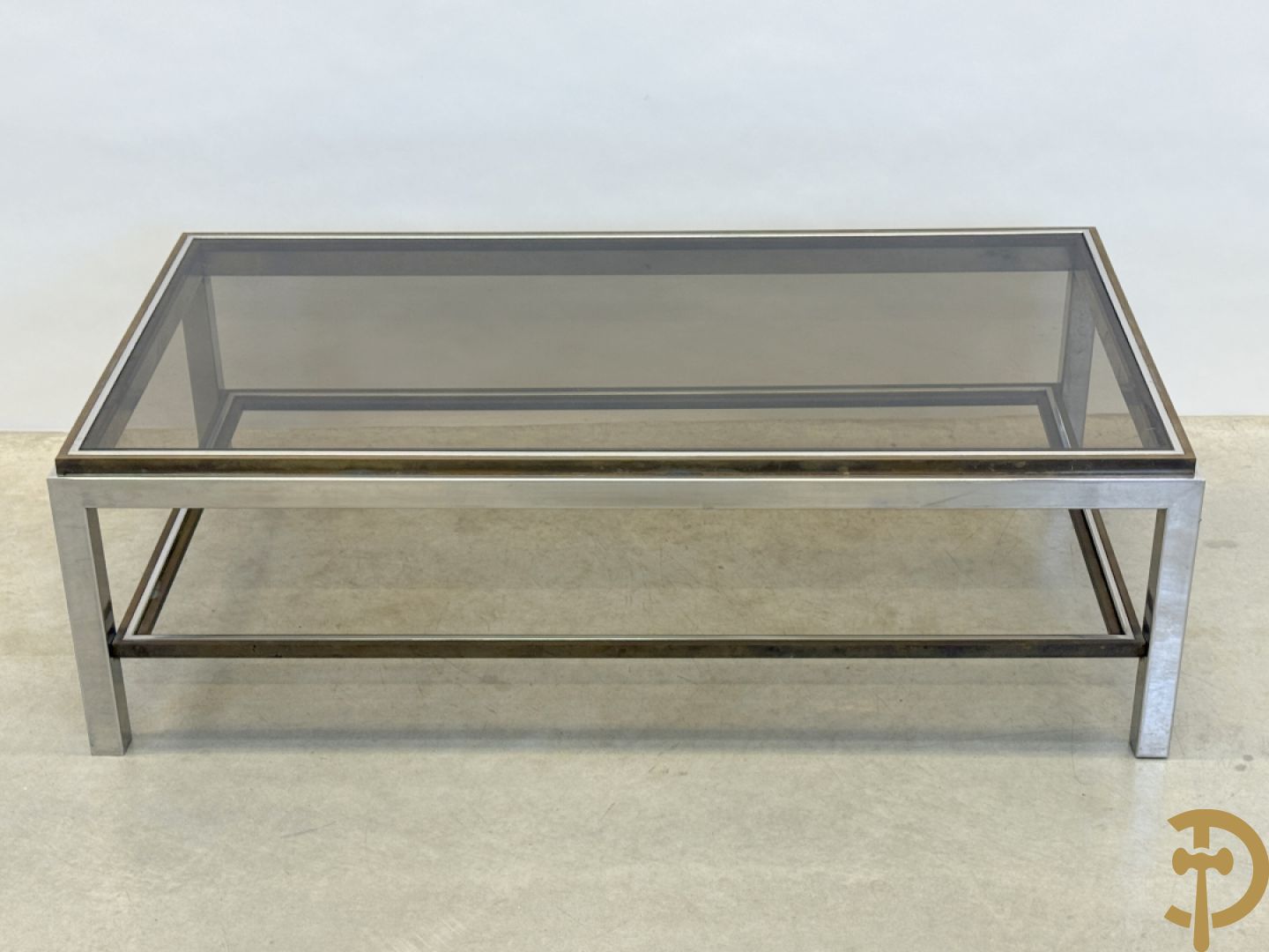 Salontafel met fumé glazen blad, koper en chromé, Belgochrome