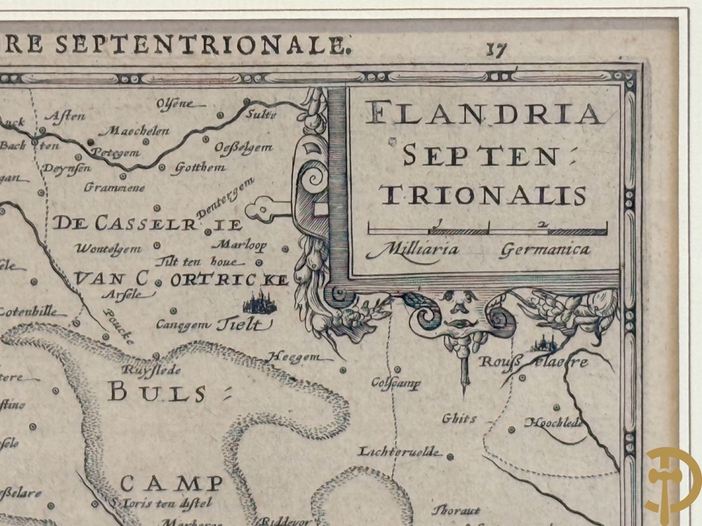 Oude kaart Flandria Septen Trionalis, cartografen Gerhard Mercator, Johannes Janssonius en Johannes Van Waesberge, laat 17e