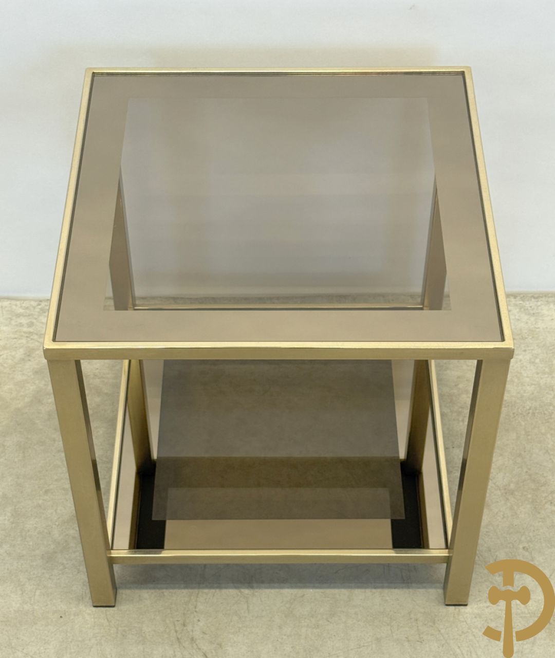 Belgochrome koperen bijzettafel met fumé glazen blad