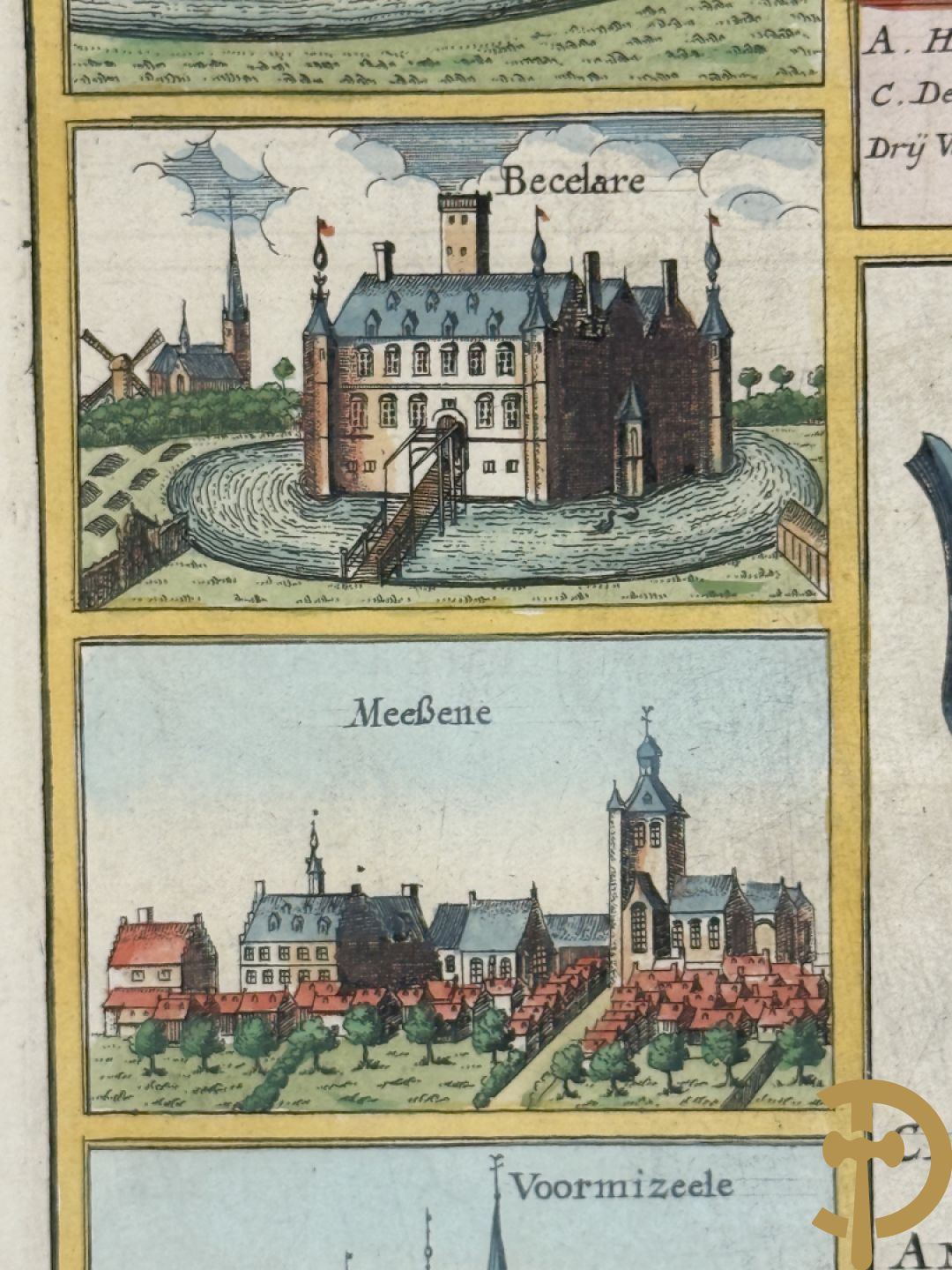 Oude kaart Sanderus met inzet van zicht op stad Ieper en kastelen rond de stad Ieper, 1641