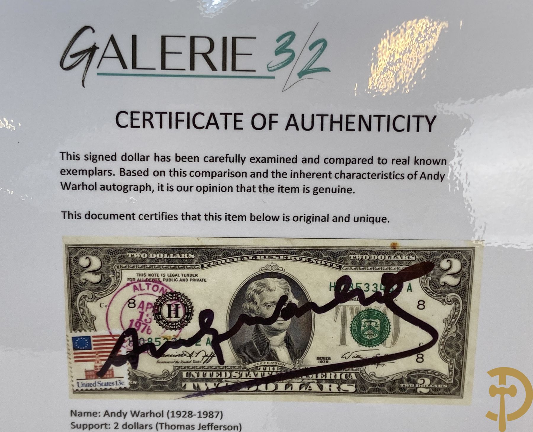 Warhol Andy getekend op Amerikaans 2 dollar biljet  
Serial Number: H08533432A
Year: 1976
Stamp and stamp of the American post office dated April 13, 1976 
Factory Warhol stamp on the back