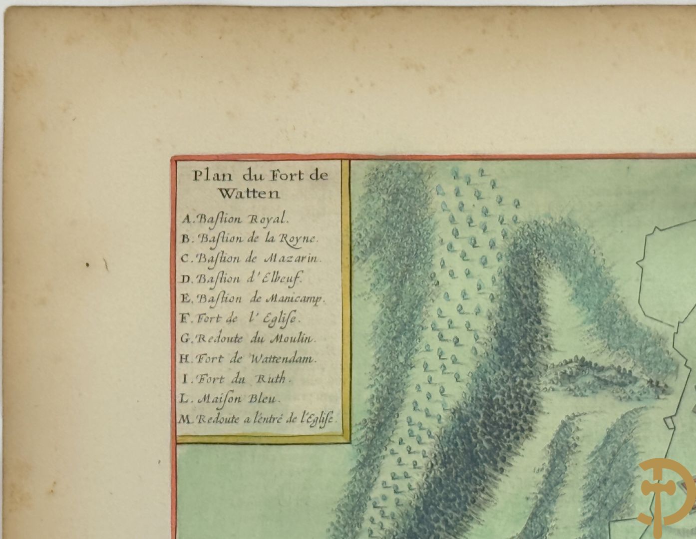 Oude origineel ingekleurde kaart plan du fort de Watten, Blaue