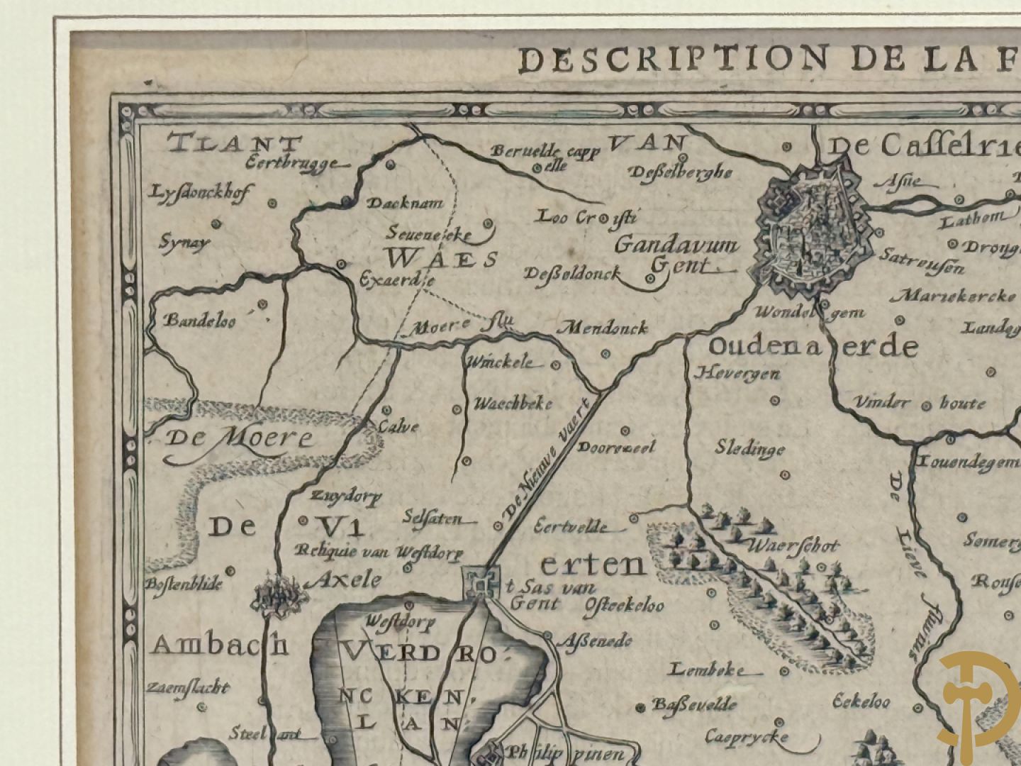 Oude kaart Flandria Septen Trionalis, cartografen Gerhard Mercator, Johannes Janssonius en Johannes Van Waesberge, laat 17e
