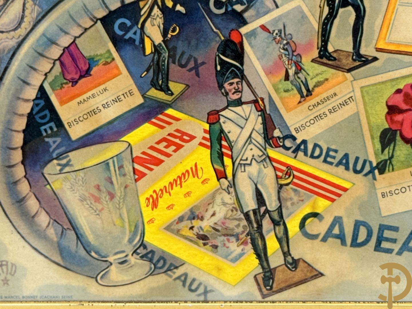 Lot kartonnen publiciteitsmateriaal o.a. Zan door Bernard Carant/Paris, G.ve Tessier Fils door Max Sidaine en Biscottes Reinette