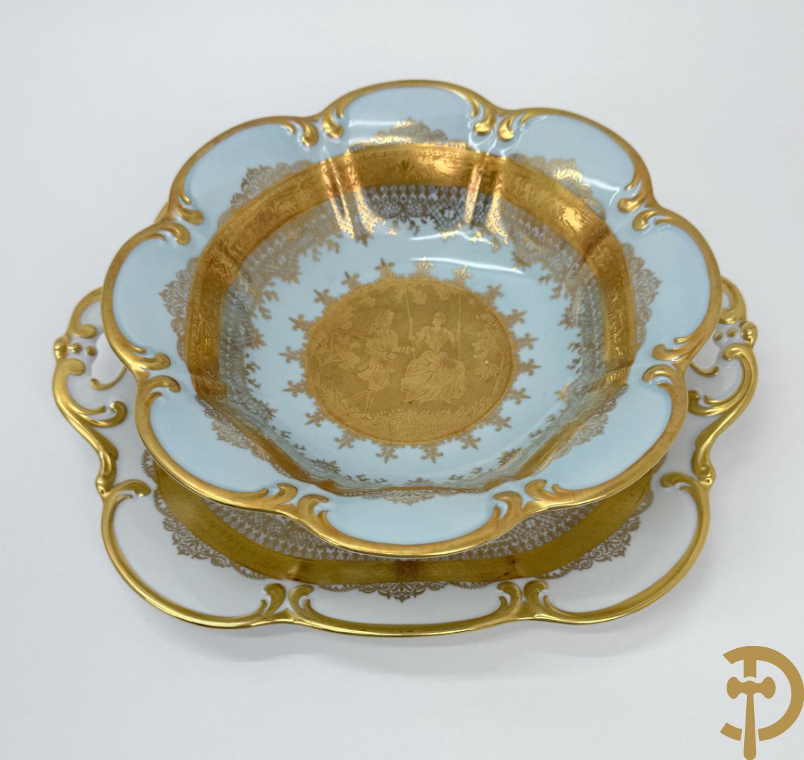 DW Porzellan coupe met schaal (2x), schotel + taartschep met schotel in doos, met verguld decor