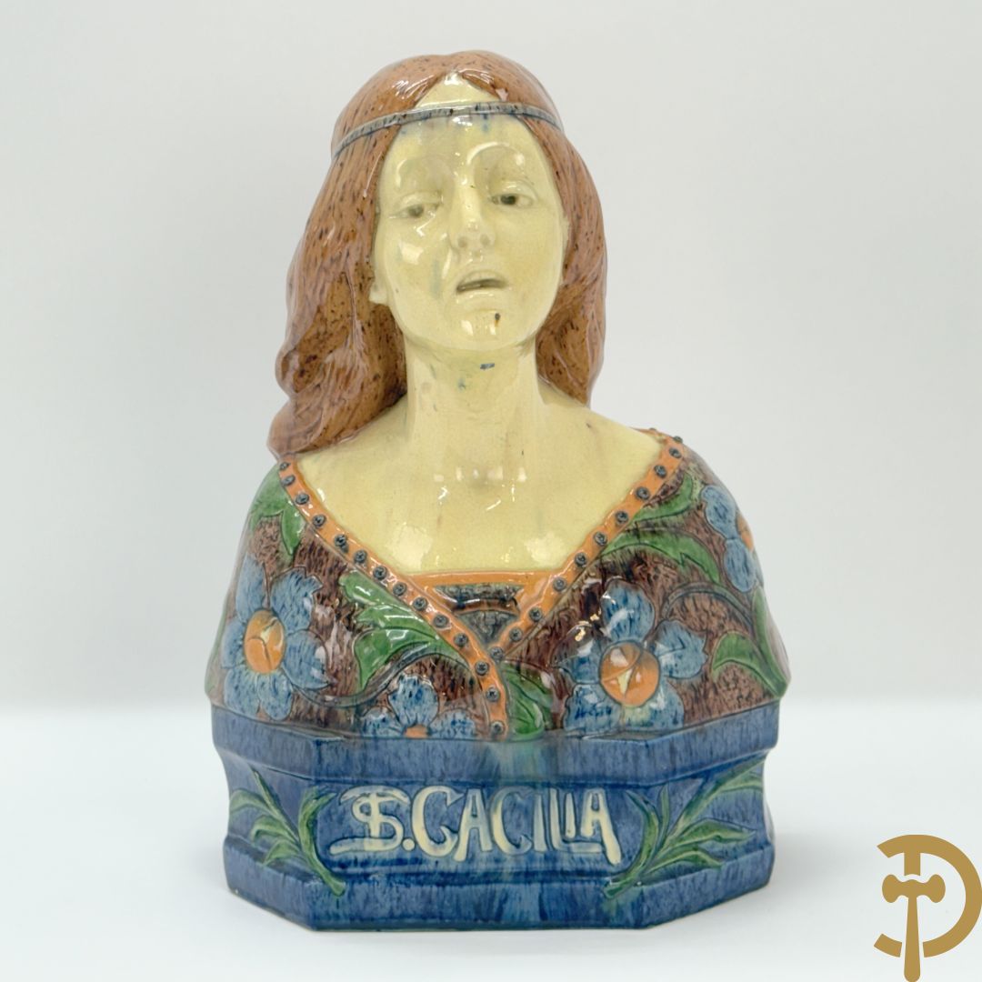 Vlaamse meerkleurige aardewerken Art Nouveau  buste Sint Cecilia