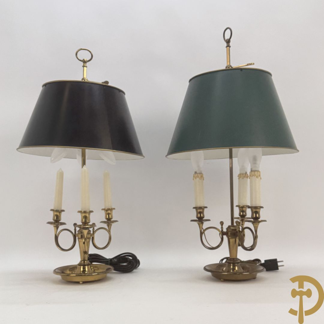 Twee koperen lampes bouillotte, 1 met bovenverlichting en 1 met kaarsenverlichting