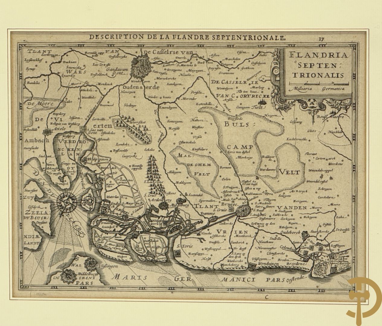 Oude kaart Flandria Septen Trionalis, cartografen Gerhard Mercator, Johannes Janssonius en Johannes Van Waesberge, laat 17e