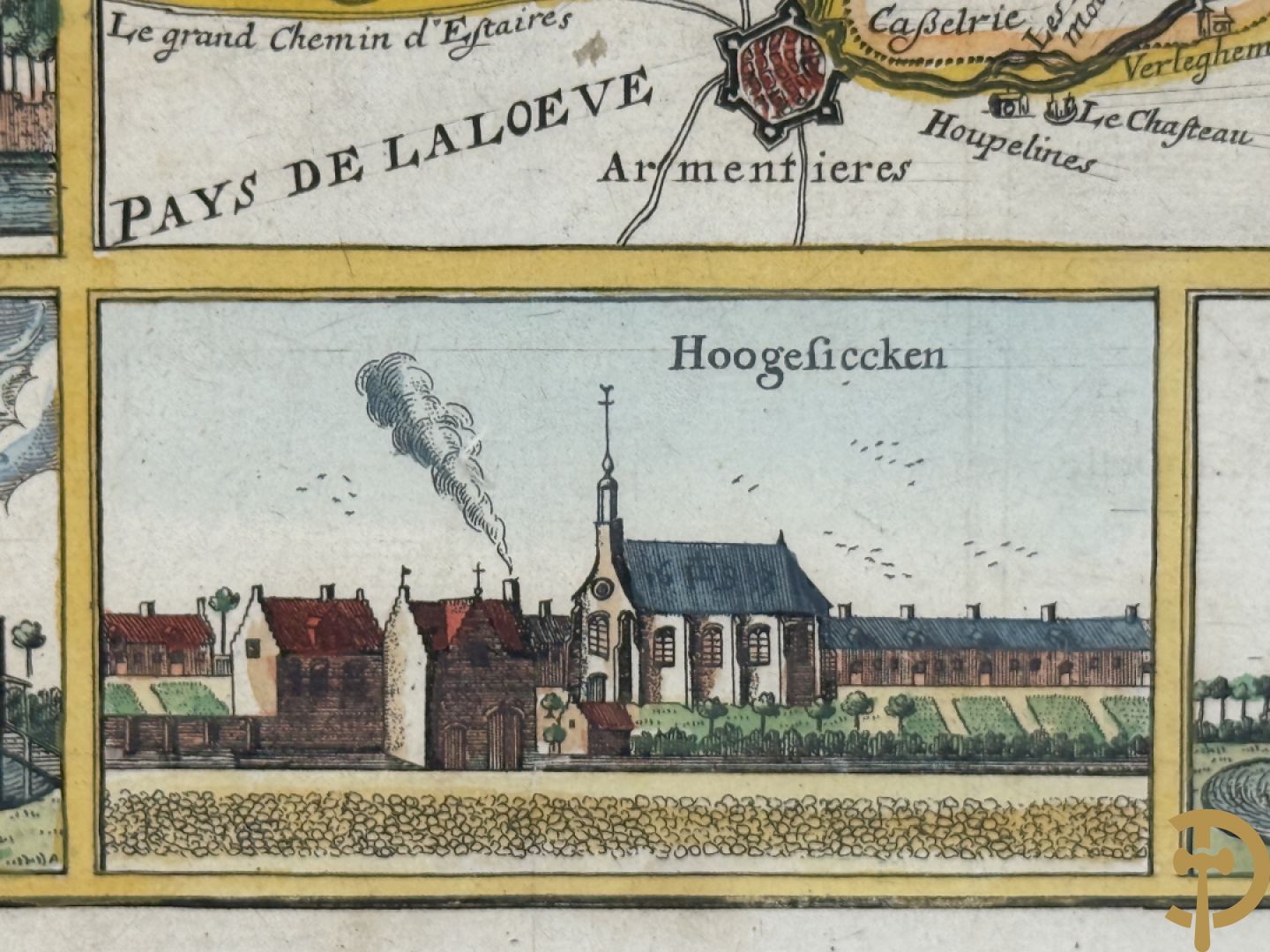 Oude kaart Sanderus met inzet van zicht op stad Ieper en kastelen rond de stad Ieper, 1641