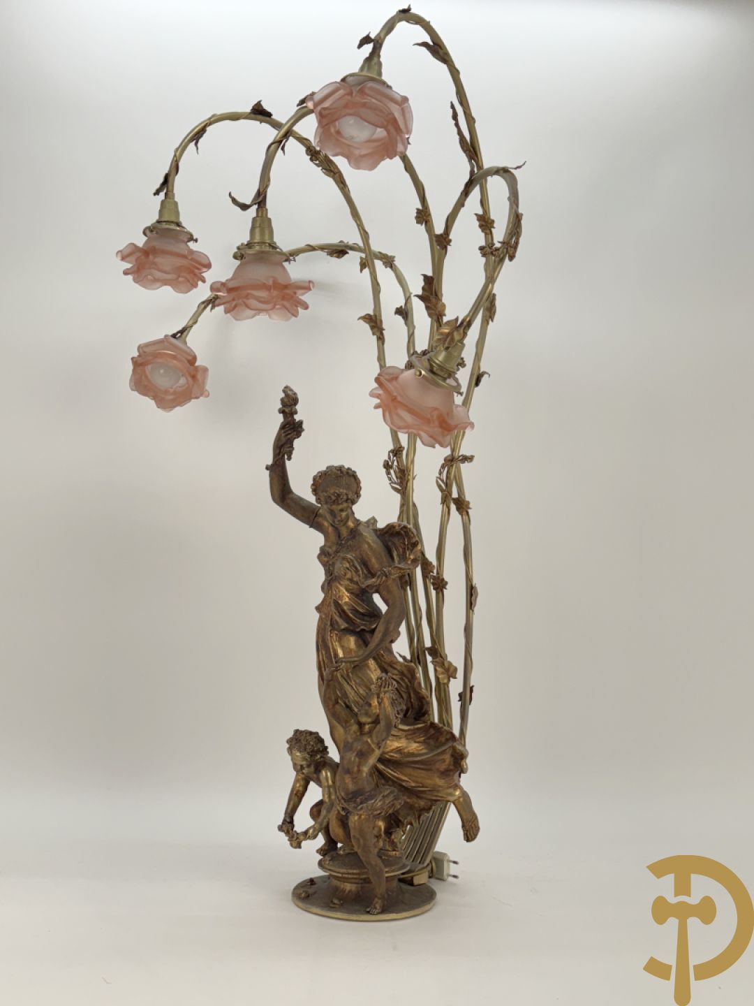POITE getekend - Vuurverguld bronzen beeld van dame met kinderen houdende een toorts, achteraan 5 lichtpunten