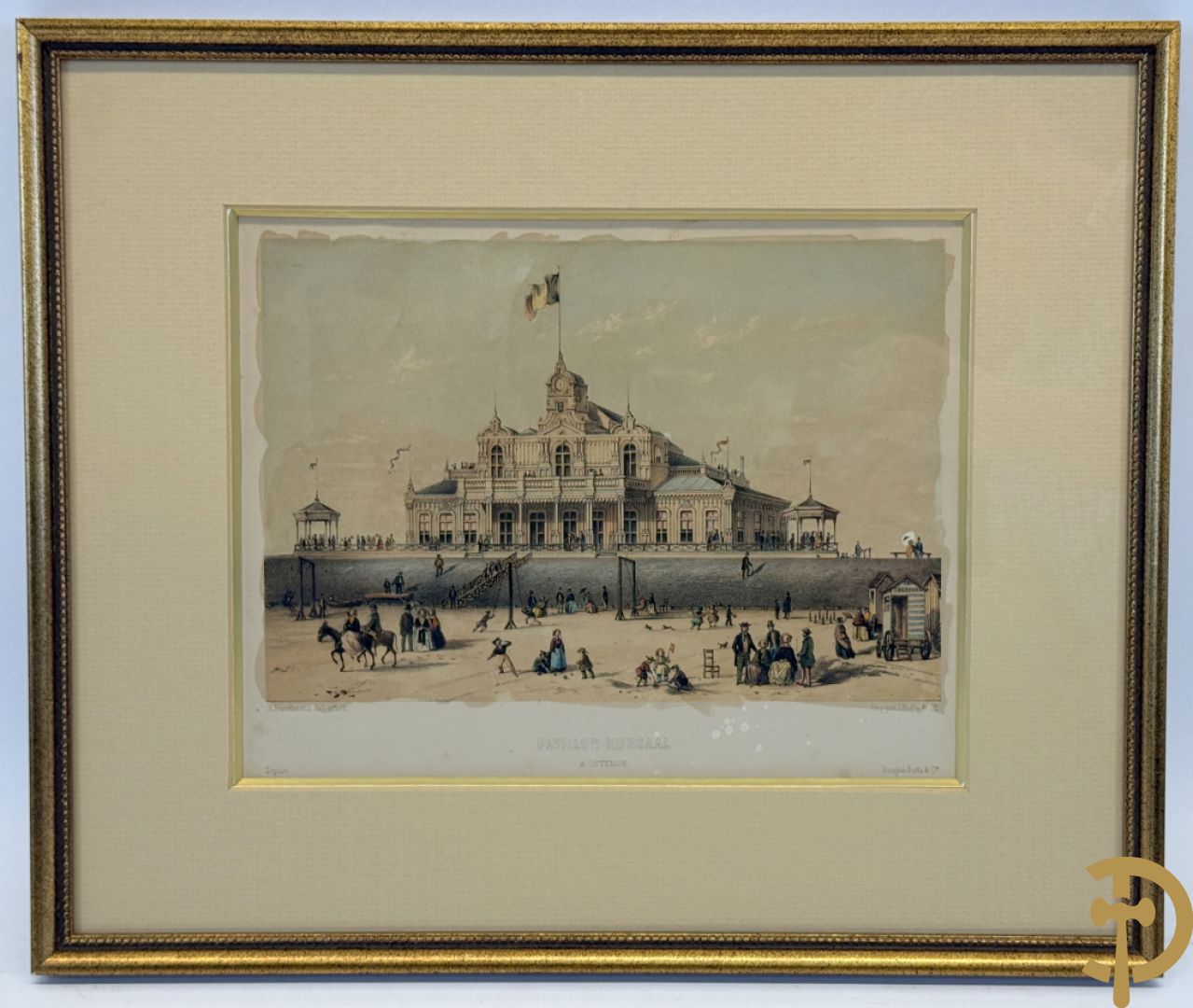 BORREMANS H. (4 stuks) en BUFFA (2 stuks) en CARSE (1 stuk) van - Zeven ingekleurde gravures van Oostende met o.a. Kursaal, vuurtoren, station en pier