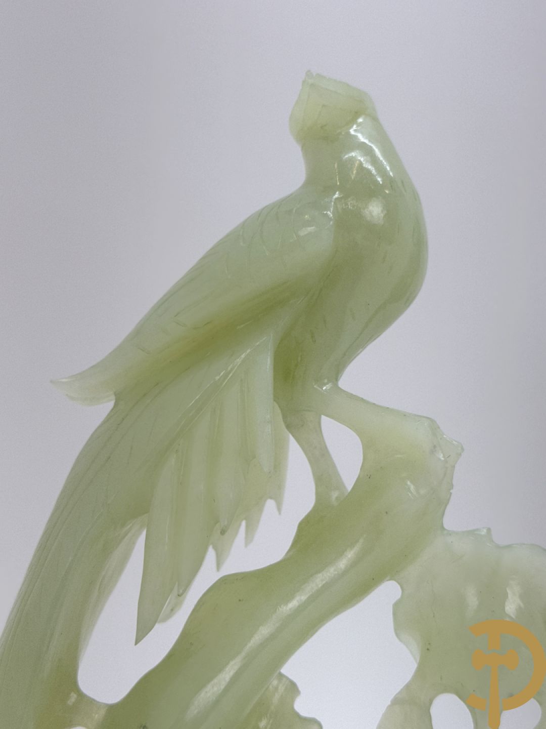 Jadeiet sculptuur van boom met vogels + koppel vogels op bloemen in jadeiet + 2 vogels op tak in jadeiet