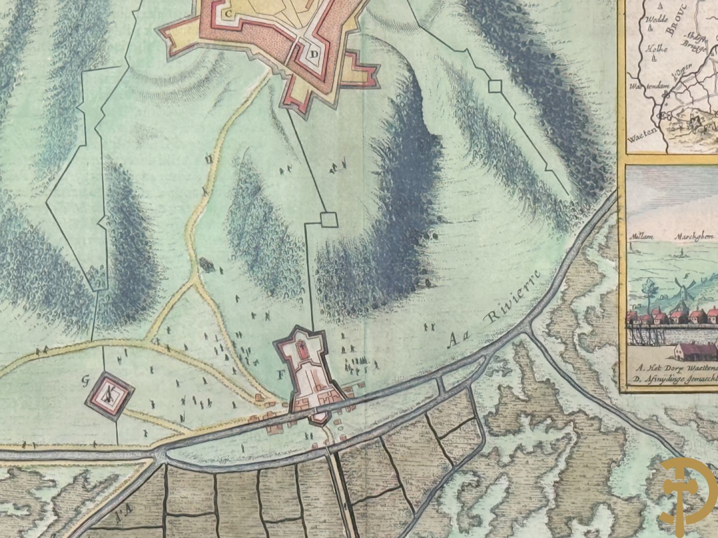 Oude origineel ingekleurde kaart plan du fort de Watten, Blaue