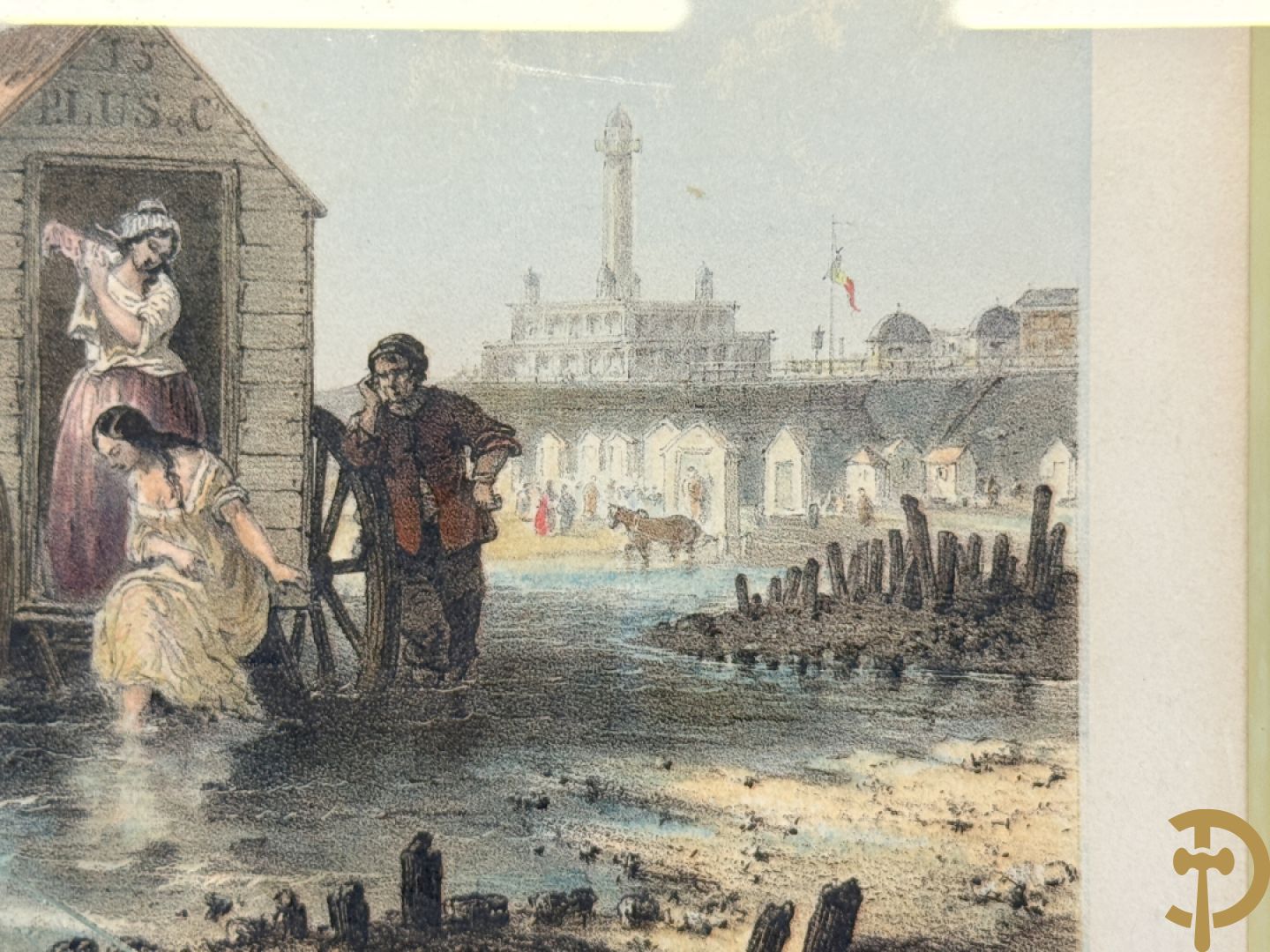 BORREMANS H. (4 stuks) en BUFFA (2 stuks) en CARSE (1 stuk) van - Zeven ingekleurde gravures van Oostende met o.a. Kursaal, vuurtoren, station en pier