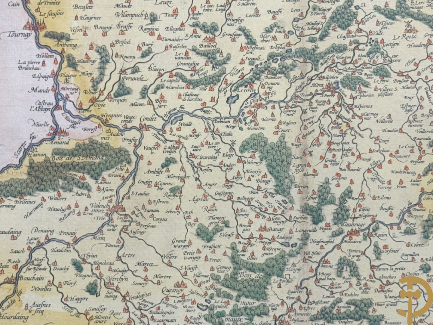Oud handgekleurde kaart van Ortelius, zicht op Henegouwen, 1572