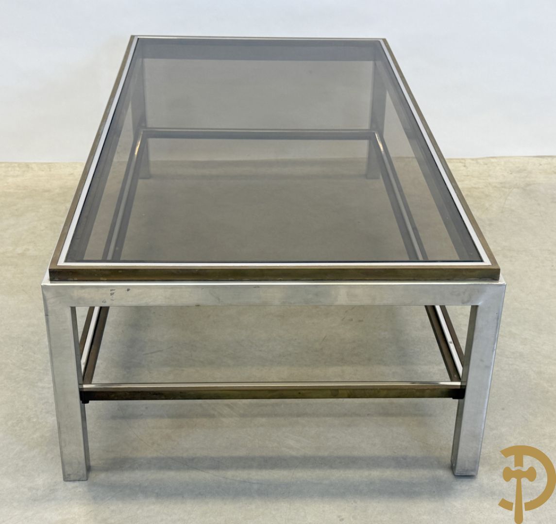 Salontafel met fumé glazen blad, koper en chromé, Belgochrome