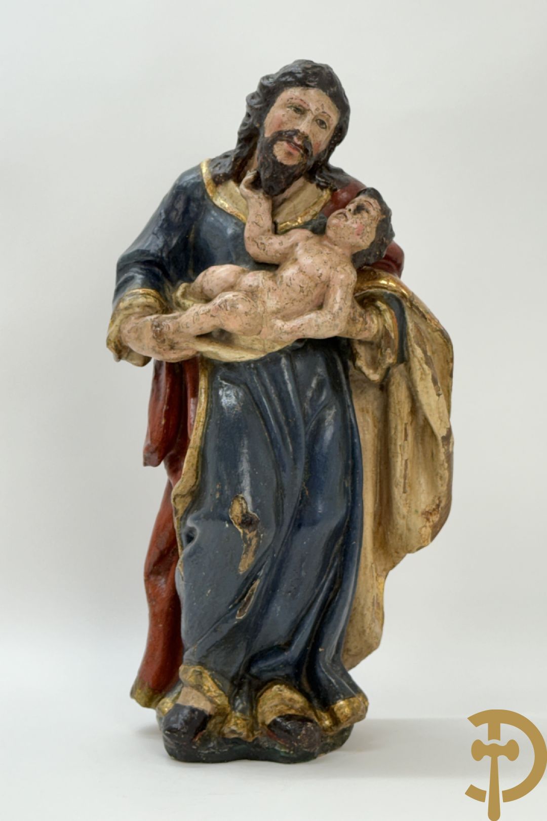 Gepolychromeerde houtsculptuur van Jozef met kindje Jezus