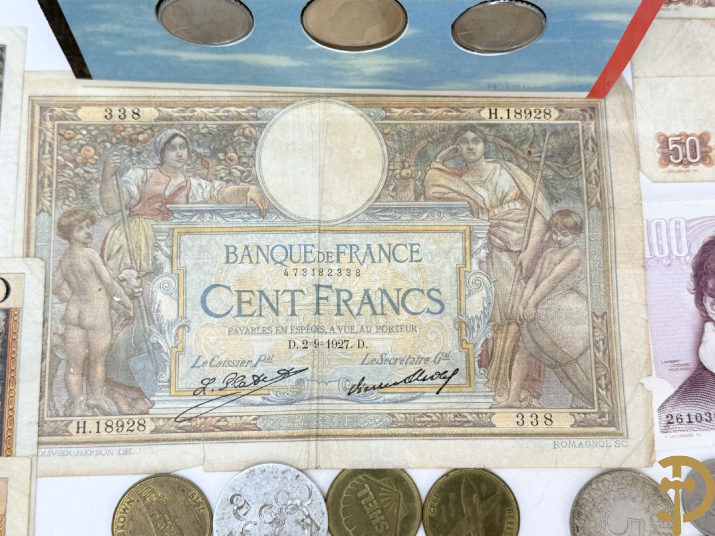 Verzameling munten Belgisch, Duits en Frans + verzamelmapje munten met Dirk Frimout uit 1992 + ingepakte eerste euro minikit + oude bankbiljetten van Frankrijk en België