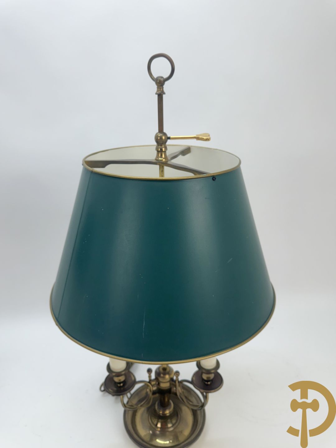 Twee koperen lampes bouillotte, 1 met bovenverlichting en 1 met kaarsenverlichting