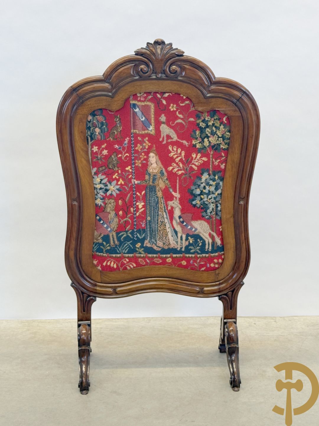 Haardscherm in mahonie met tapisserie