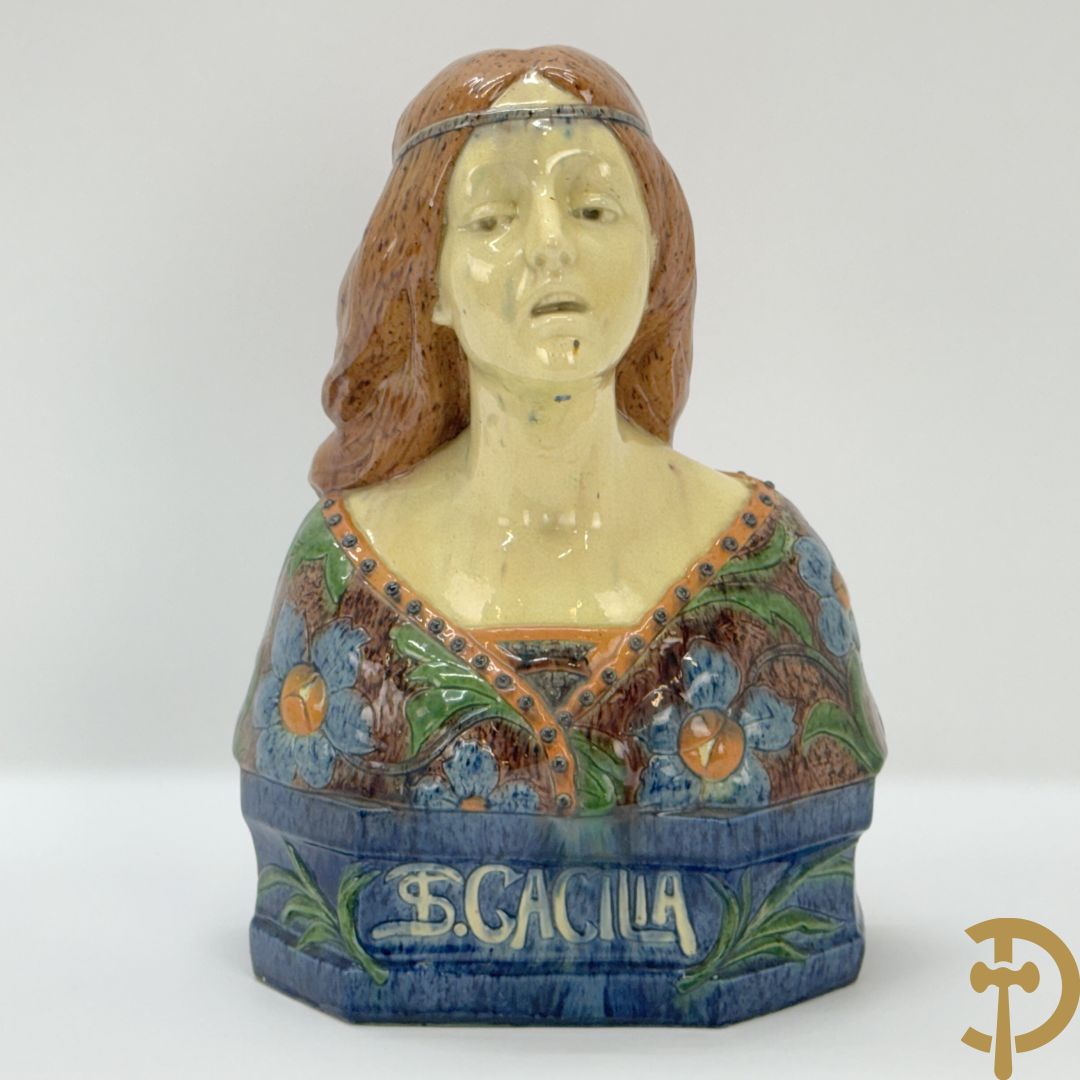 Vlaamse meerkleurige aardewerken Art Nouveau  buste Sint Cecilia