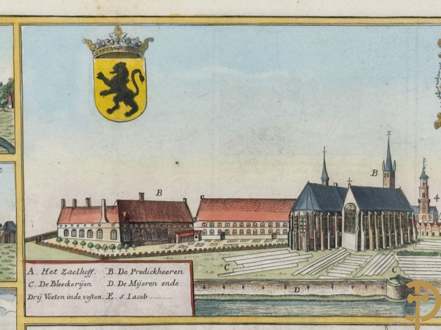 Oude kaart Sanderus met inzet van zicht op stad Ieper en kastelen rond de stad Ieper, 1641