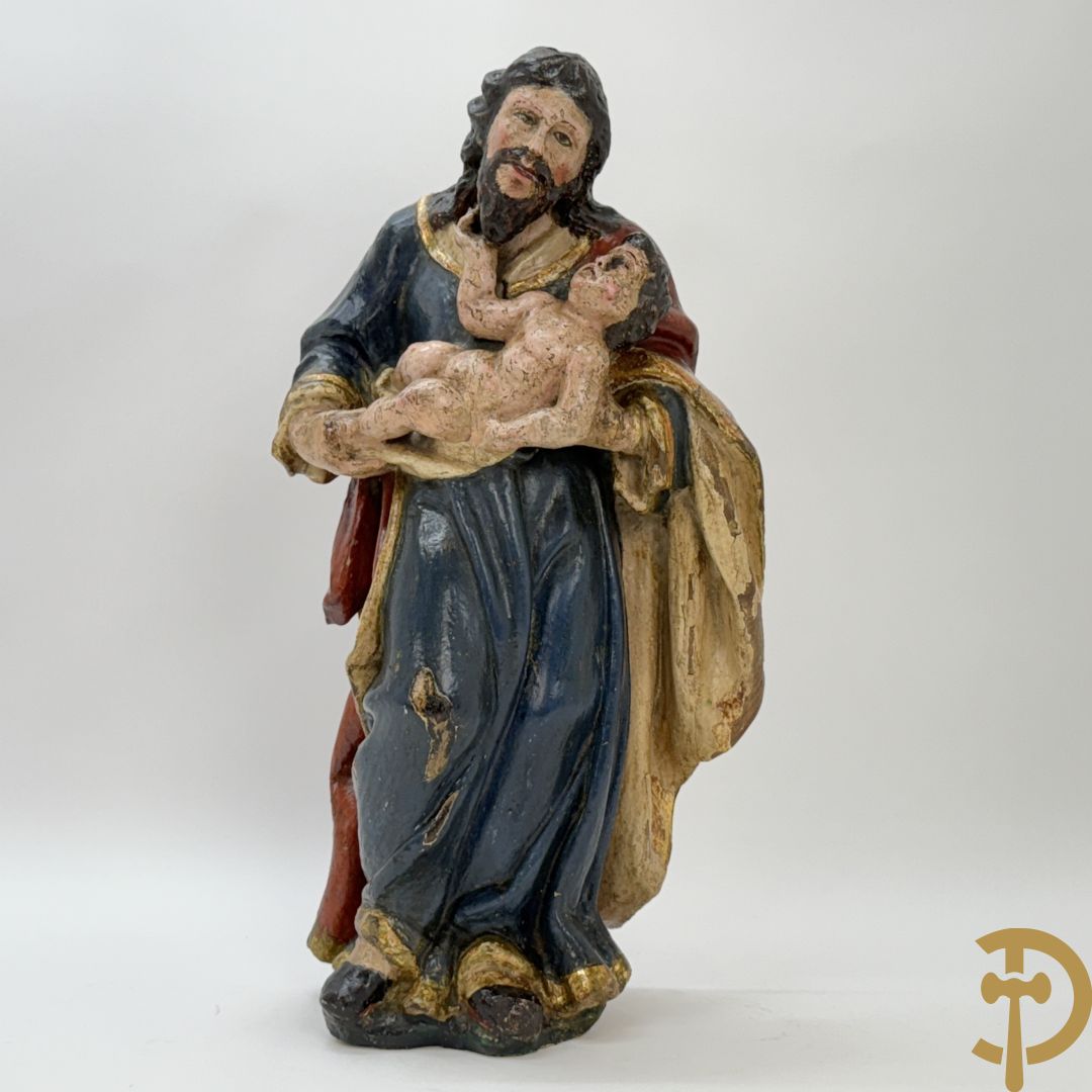 Gepolychromeerde houtsculptuur van Jozef met kindje Jezus