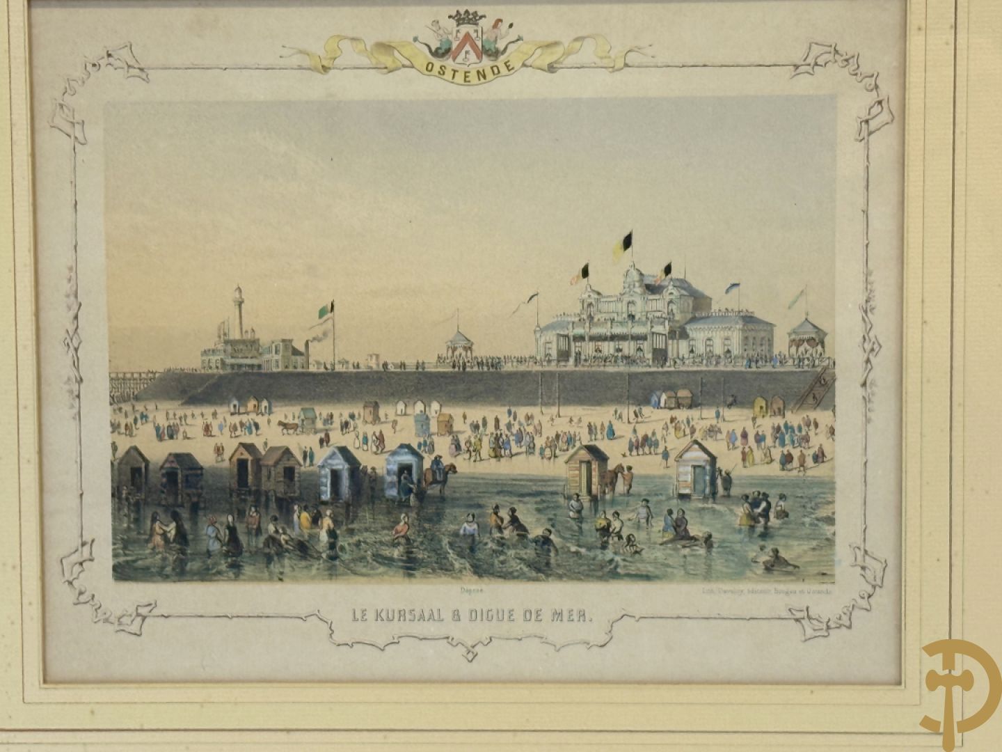 BORREMANS H. (4 stuks) en BUFFA (2 stuks) en CARSE (1 stuk) van - Zeven ingekleurde gravures van Oostende met o.a. Kursaal, vuurtoren, station en pier