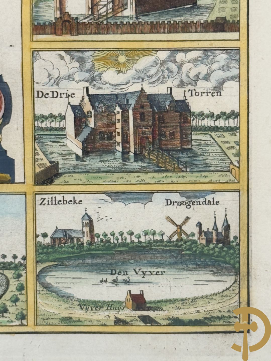 Oude kaart Sanderus met inzet van zicht op stad Ieper en kastelen rond de stad Ieper, 1641