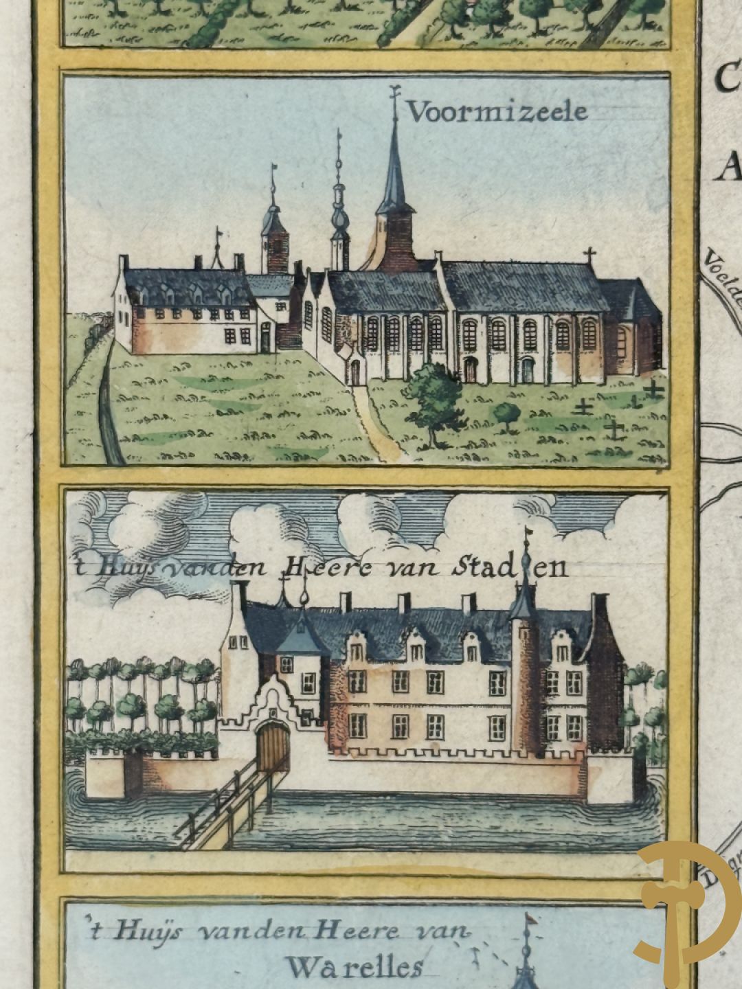 Oude kaart Sanderus met inzet van zicht op stad Ieper en kastelen rond de stad Ieper, 1641