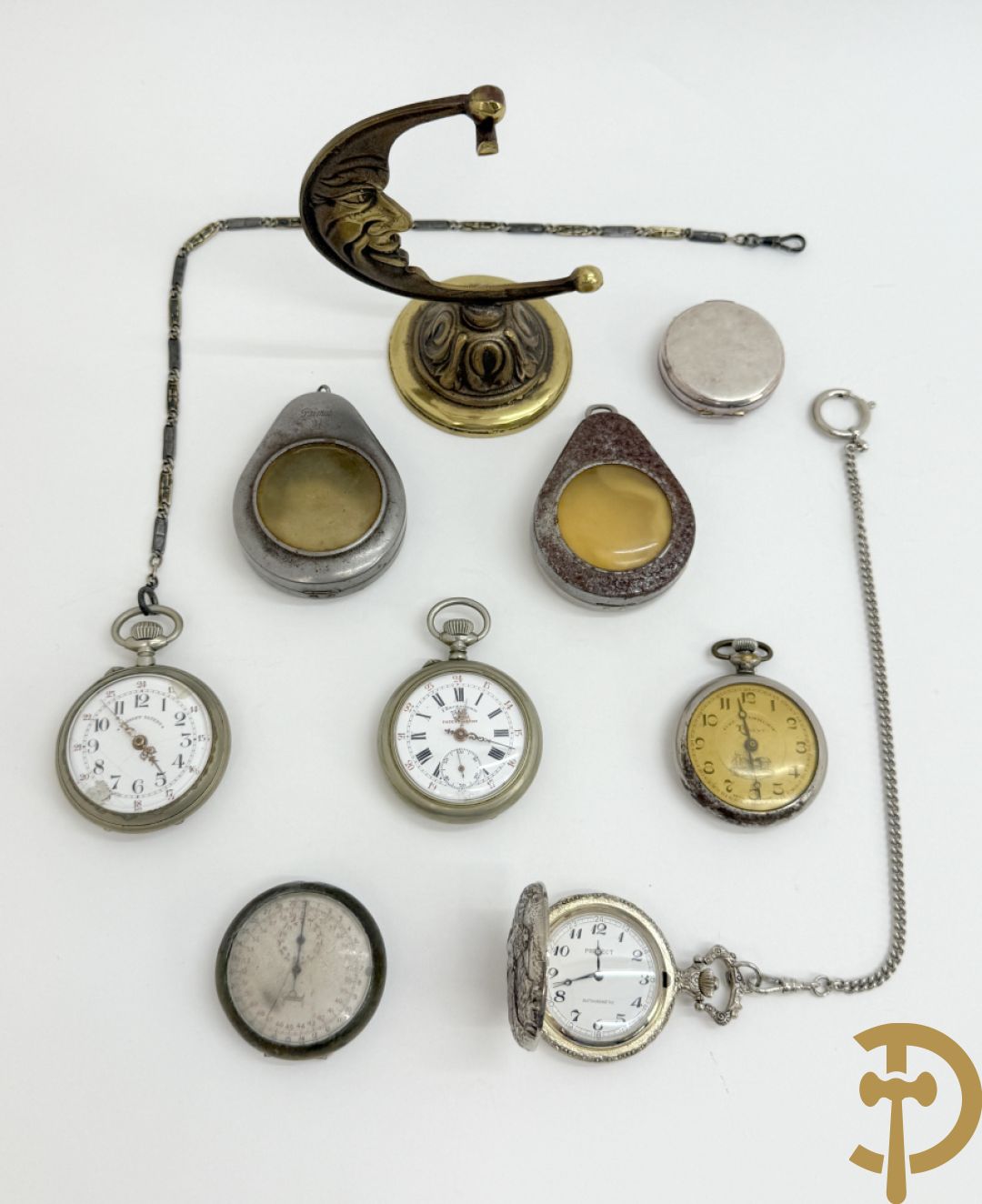 2 zakhorloges Roskpf + zakhorloge met jachtmotieven + zakhorlogehanger + 2 zakhorlogekasten + chrono (na te zien) + zakhorloge Bacschmed