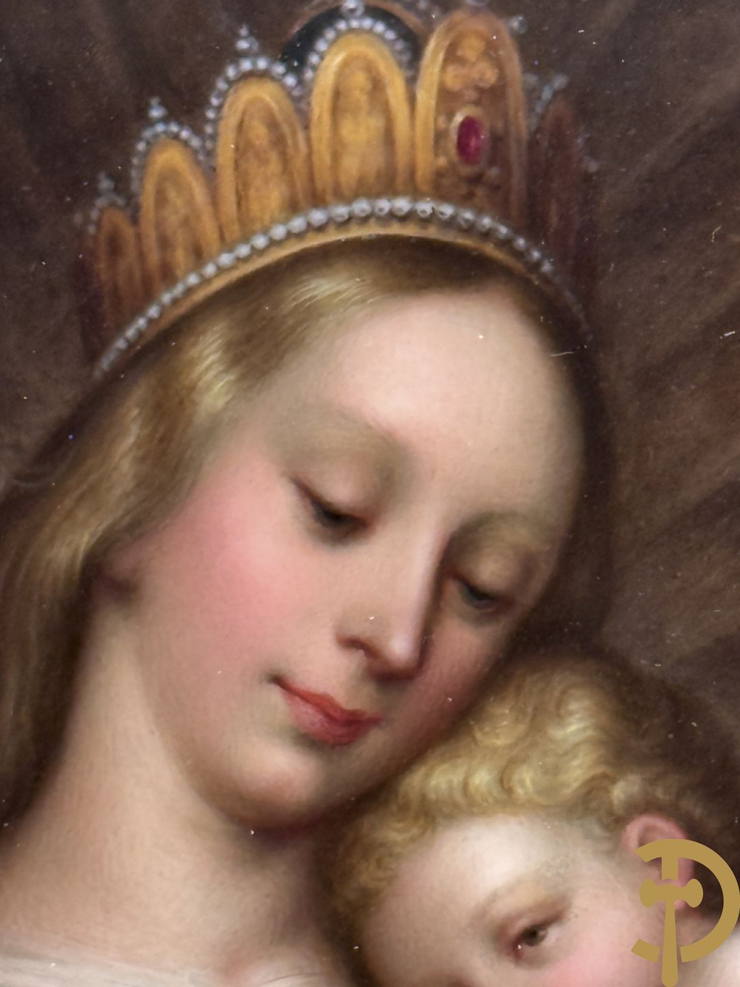 Antieke schilderij met Madonna met kind op porselein beschilderd, naar HOLBEIN
