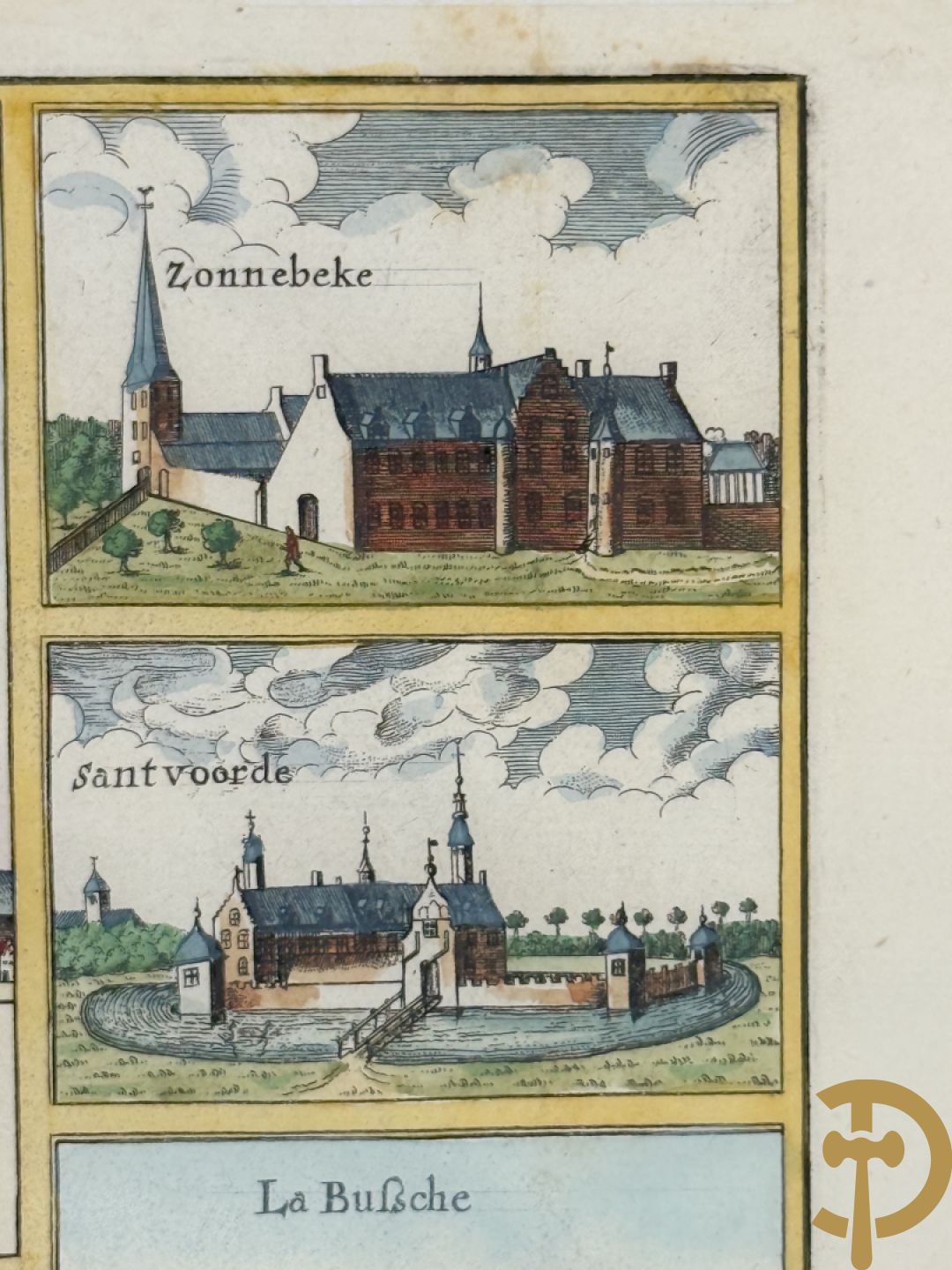 Oude kaart Sanderus met inzet van zicht op stad Ieper en kastelen rond de stad Ieper, 1641