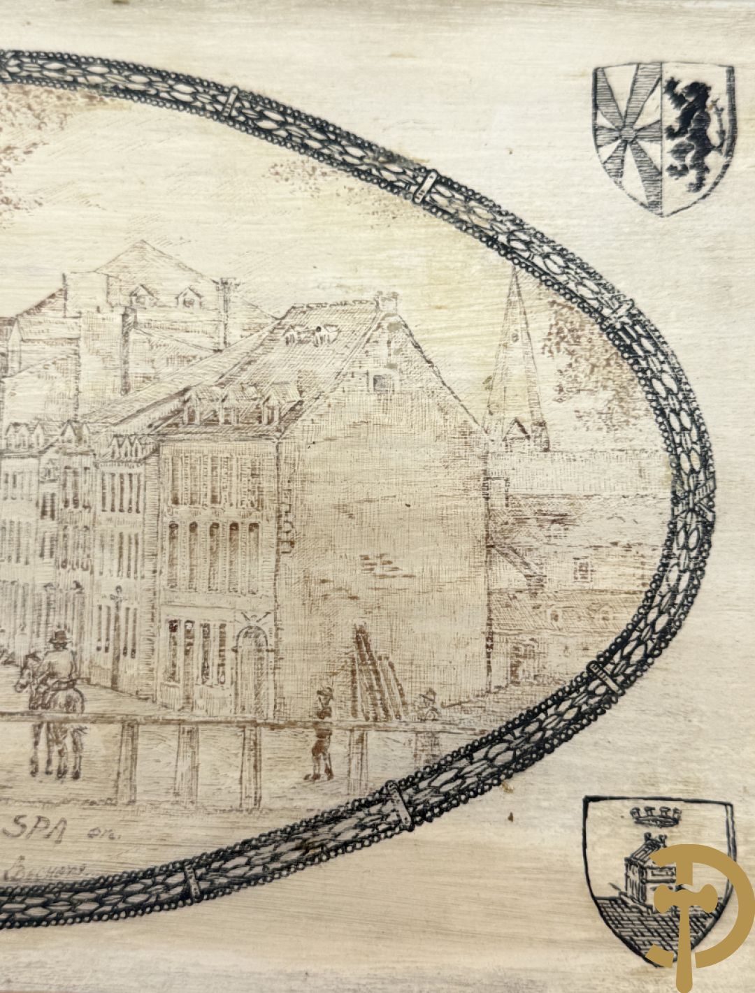 Handbeschilderde tekening op doos omringd met wapenschilden 