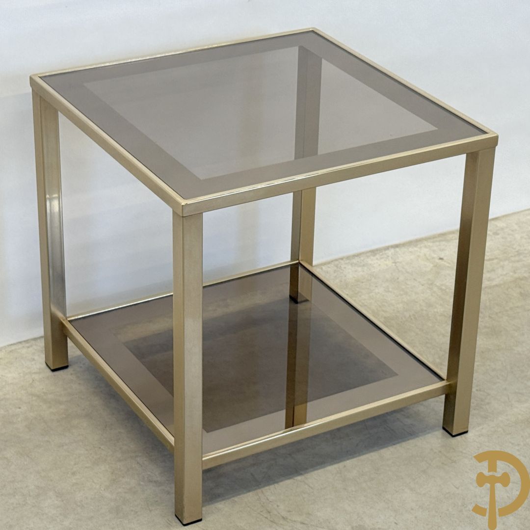Belgochrome koperen bijzettafel met fumé glazen blad