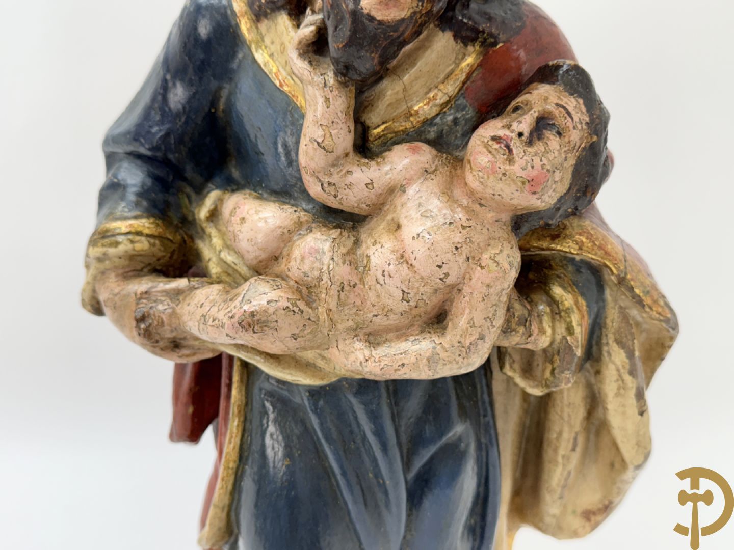 Gepolychromeerde houtsculptuur van Jozef met kindje Jezus
