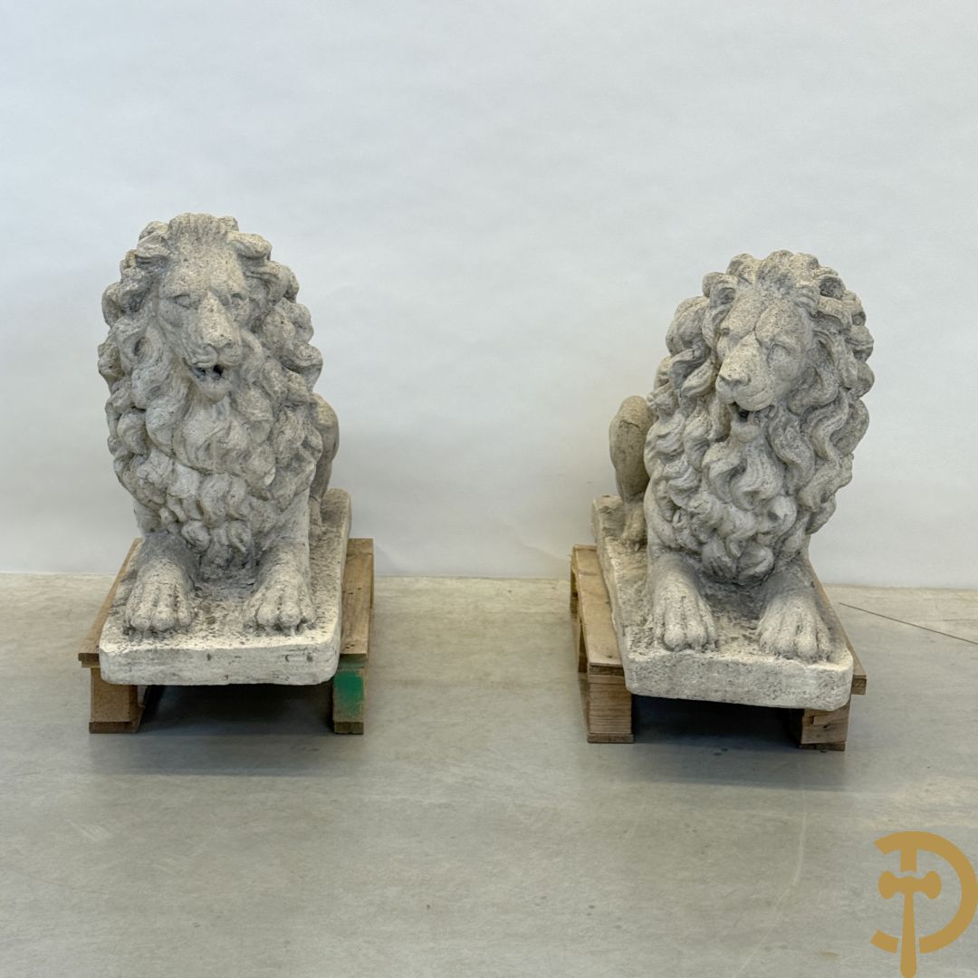 Paar betonnen tuinbeelden van leeuwen